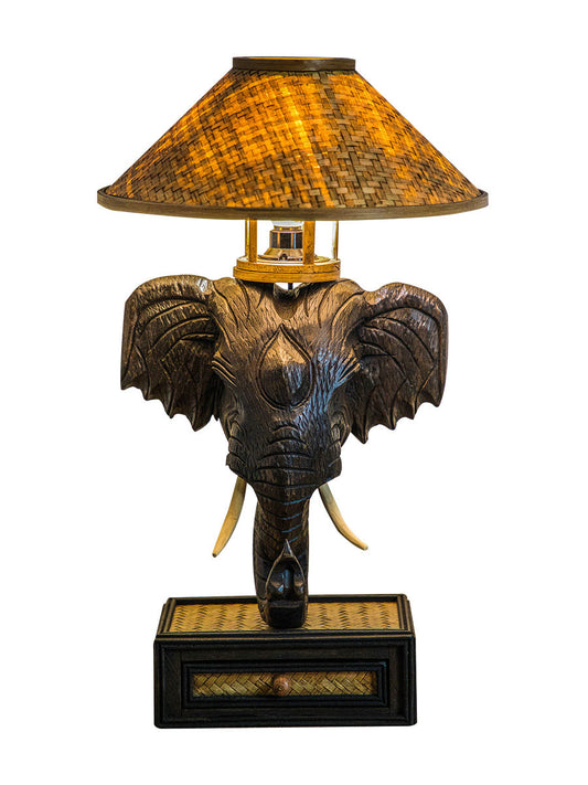 Elephant Table Lamp with Bamboo Shade, Vintage Elephant Head Bedside Lamp, Rustic Wood Animal Accent Lamp with Warm Light, Boho Nightstand Lamp for Bedroom, Living Room, Bar, Hotel Decor