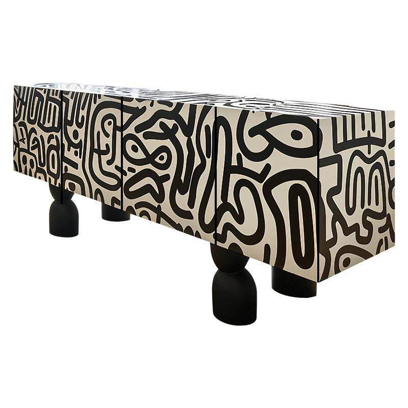 Abstract Doodle TV Stand, Modern Media Console Cabinet with Artistic Black and Ivory Pattern, Low Storage Credenza for Living Room, Entertainment Center, Hallway, Bedroom