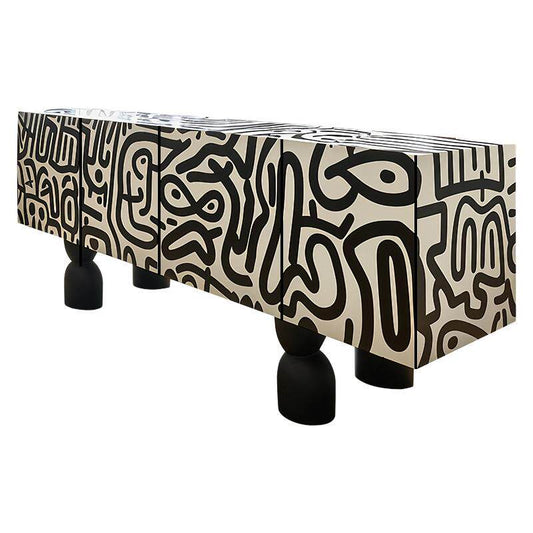 Abstract Doodle TV Stand, Modern Media Console Cabinet with Artistic Black and Ivory Pattern, Low Storage Credenza for Living Room, Entertainment Center, Hallway, Bedroom