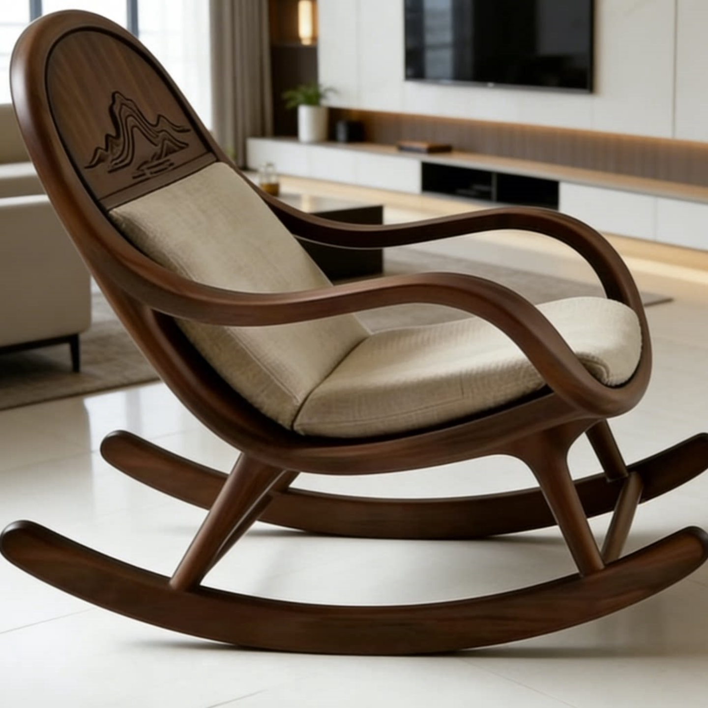 Solid Ash Wood Rocking Chair with Upholstered Cushion, Modern Walnut Finish Lounge Rocker, Ergonomic Accent Rocking Chair for Living Room, Bedroom, Nursery, Reading Nook &amp; Sunroom