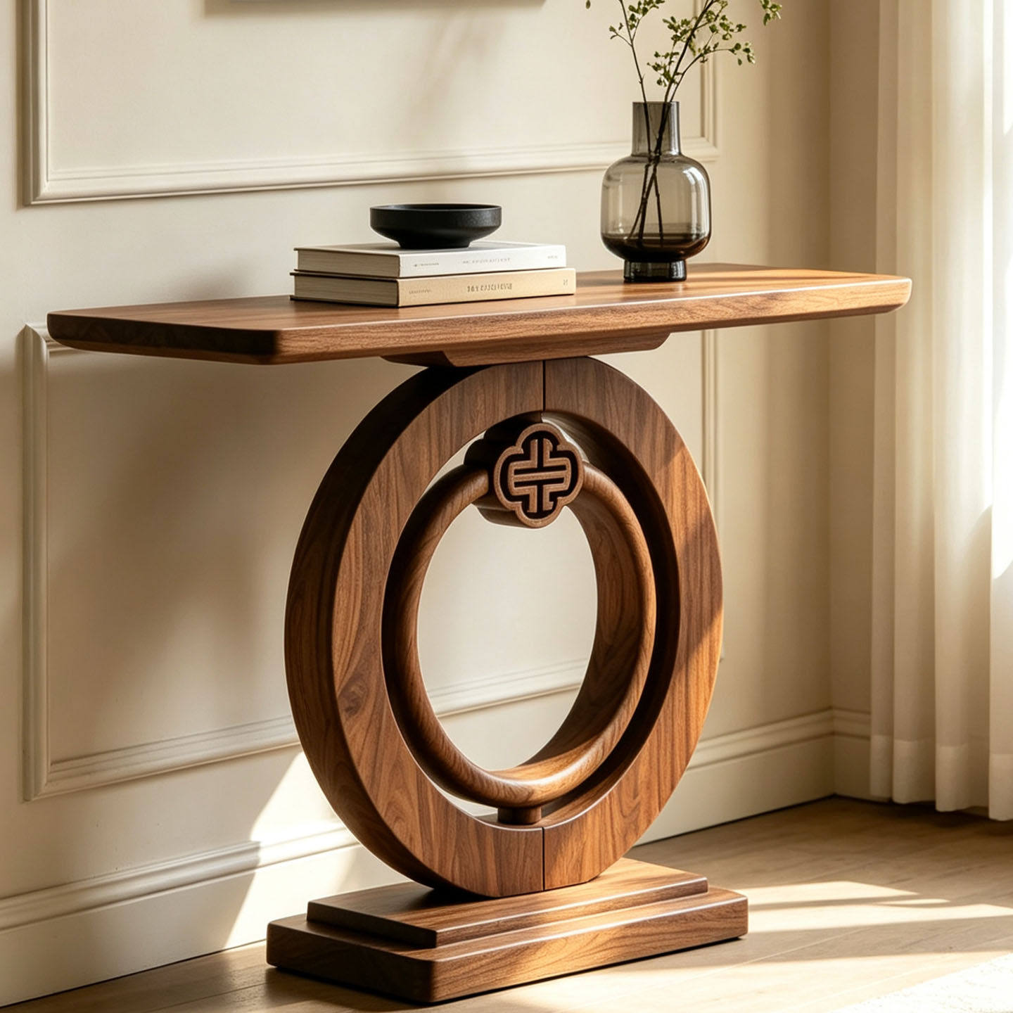 39-Inch Solid Ash Wood Console Table with Double Ring Pedestal