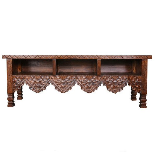 Hand-Carved Solid Wood TV Stand, Low Media Console with 3 Open Storage Shelves, Floral Carved Apron and Sculpted Legs for Living Room, Bedroom or Entertainment Area