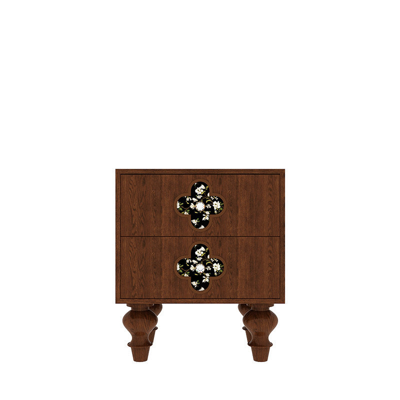 Solid Walnut Wood Nightstand with 2 Drawers, 19.7-Inch Bedside Table with Floral Quatrefoil Inlay Panels and Sculpted Legs for Bedroom, Guest Room or Living Room