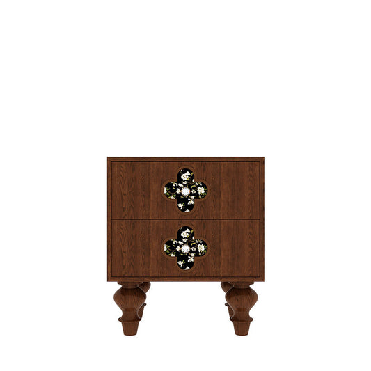 Solid Walnut Wood Nightstand with 2 Drawers, 19.7-Inch Bedside Table with Floral Quatrefoil Inlay Panels and Sculpted Legs for Bedroom, Guest Room or Living Room