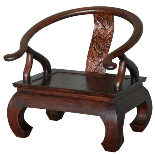 Traditional Horseshoe Back Armchair, Solid Elm Wood Accent Chair with Hand-Carved Floral Backrest, Curved Arms and Low Seat for Living Room, Tea Room or Reading Corner, Dark Walnut Finish