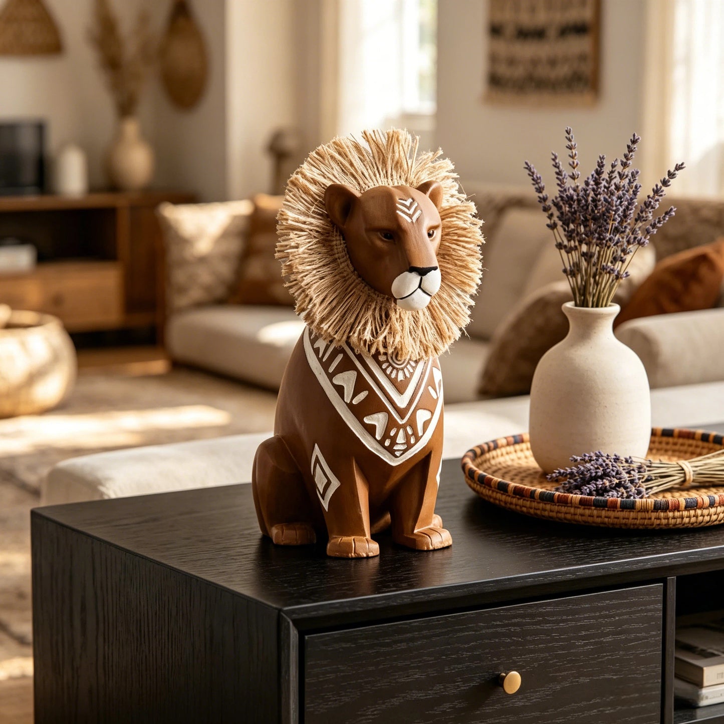 Brown Resin Lion Figurine with Raffia-Style Mane, Boho Sitting Animal Statue with White Geometric Details for Bookshelf, Office Desk, Entryway, Living Room and Bedroom Décor
