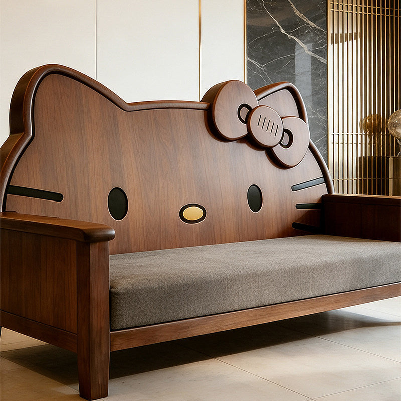 Ash Wood Cat-Shaped Loveseat with Gray Upholstered Cushion