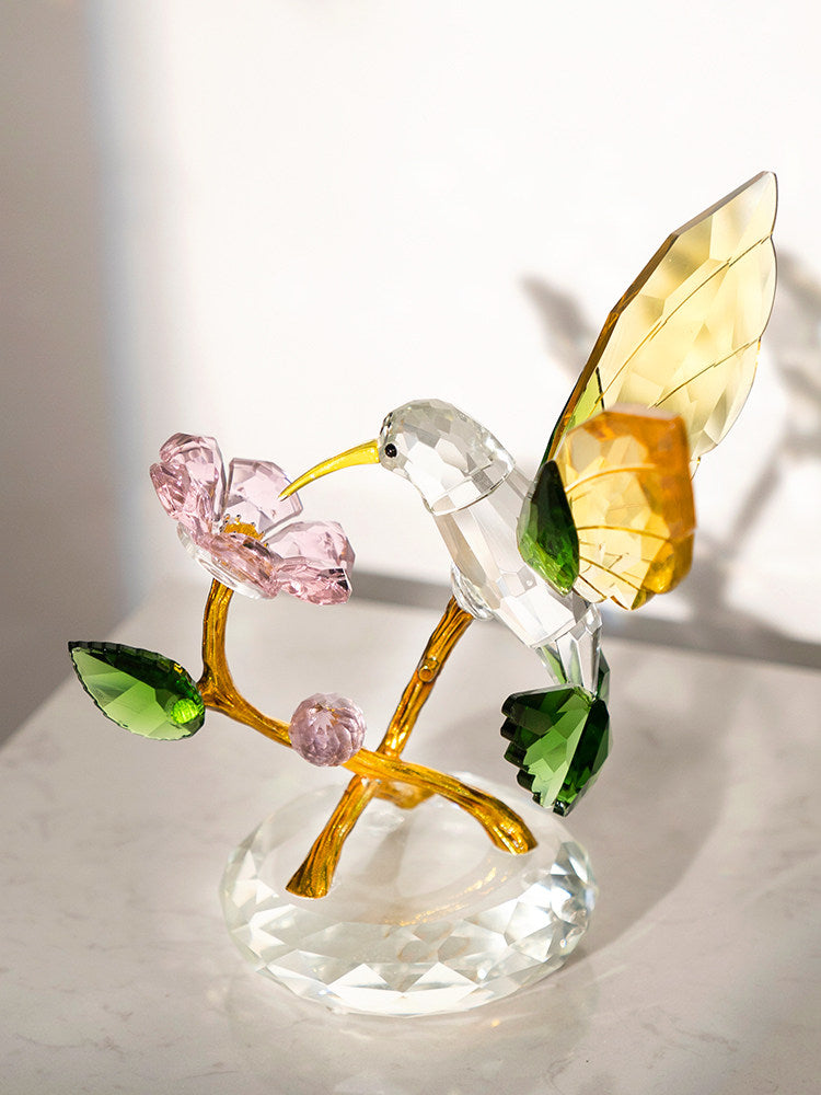 Crystal Hummingbird Figurine with Flower, Gold Decorative Bird Sculpture