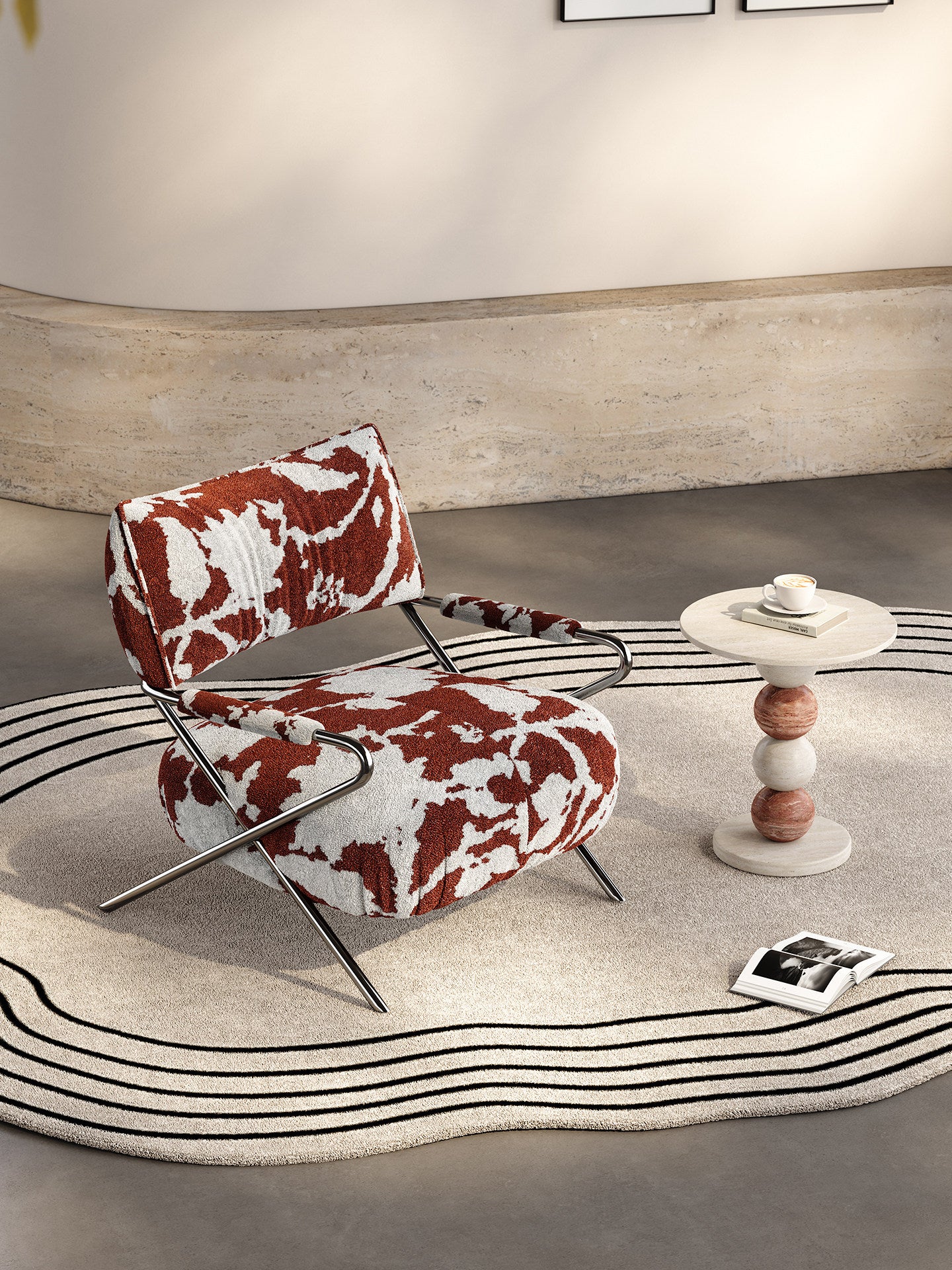 Modern Chenille Accent Chair, Brown and White Patterned Lounge Chair with Stainless Steel Frame, Italian Minimalist Single Sofa Chair for Living Room, Bedroom, Reading Corner, Apartment