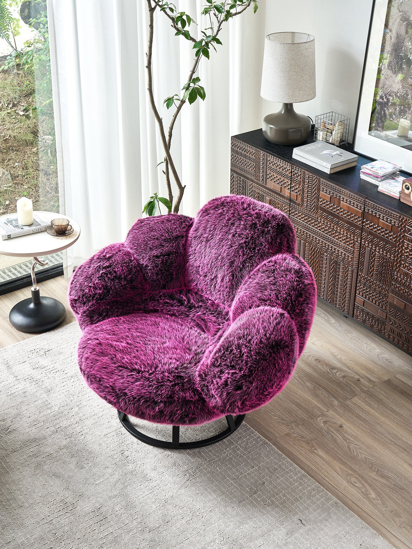 Modern Oversized Faux Fur Swivel Accent Chair, Plush Upholstered Lounge Armchair with High-Density Foam Cushion, Contemporary Barrel Reading Chair for Living Room, Bedroom, Apartment &amp; Hotel, Magenta Pink