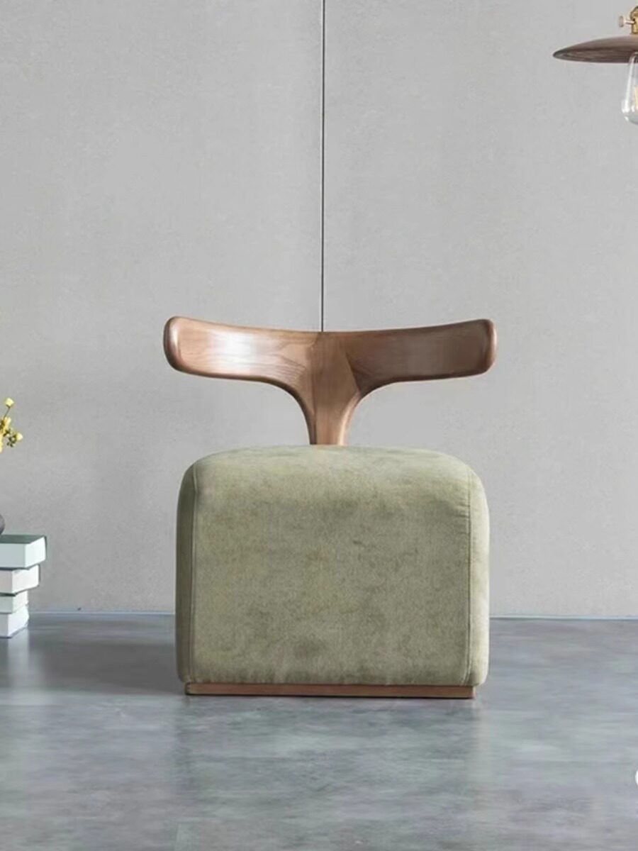 Modern Nordic Solid Wood Vanity Stool with Backrest, Round Upholstered Linen Makeup Chair, Walnut Finish Dressing Table Stool, Entryway Shoe Bench, Accent Ottoman Seat for Bedroom Living Room