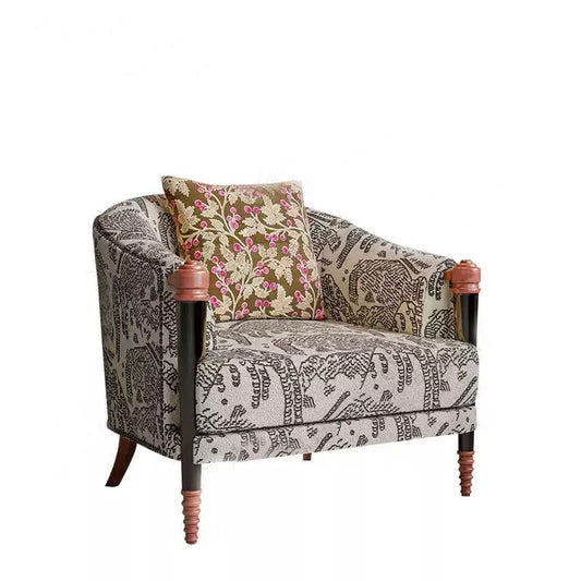 French Country Upholstered Accent Armchair, Vintage Pattern Fabric Lounge Chair with Solid Wood Turned Legs, Classic Cigar Club Chair for Living Room, Bedroom, Reading Nook, Office, Hotel &amp; Reception Seating