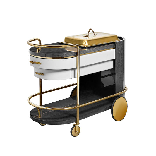 Black Wood Serving Cart with Drawers Gold Tone Frame and Wheels