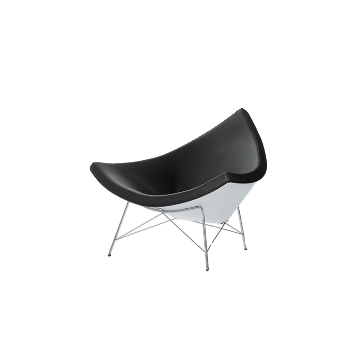 Black Faux Leather Sculptural Lounge Chair, Triangular Fiberglass Shell Accent Armchair with White Outer Back and Chrome Steel Frame for Living Room, Bedroom, Office and Reading Nook