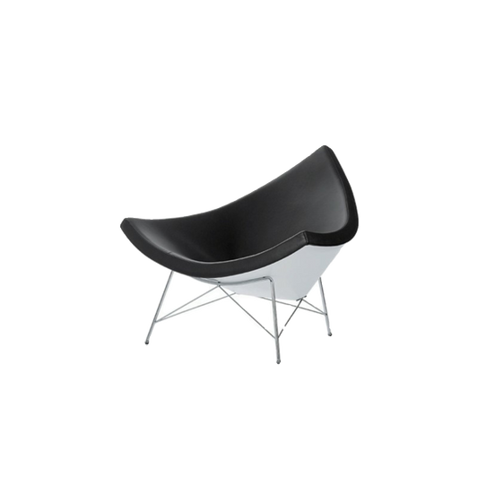 Black Faux Leather Sculptural Lounge Chair, Triangular Fiberglass Shell Accent Armchair with White Outer Back and Chrome Steel Frame for Living Room, Bedroom, Office and Reading Nook