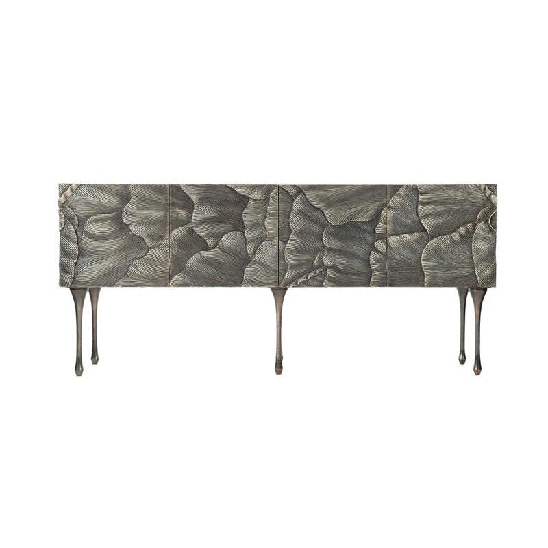 Distressed Silver Solid Wood 4-Door Sideboard Buffet Cabinet, Sculpted Botanical Leaf Relief Credenza with Interior Shelves for Dining Room, Living Room and Entryway
