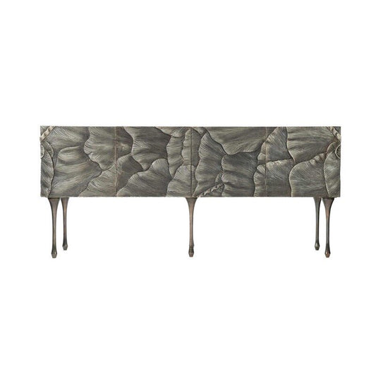 Distressed Silver Solid Wood 4-Door Sideboard Buffet Cabinet, Sculpted Botanical Leaf Relief Credenza with Interior Shelves for Dining Room, Living Room and Entryway