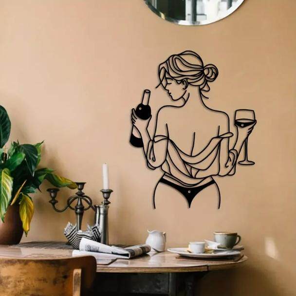 Black Metal Female Silhouette Wall Art, Minimalist Woman with Wine Bottle and Glass Line Art Wall Decor, Modern Metal Wall Hanging for Bedroom, Living Room, Dining Room, Bar