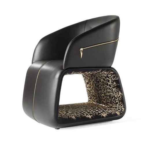 Black Genuine Leather Accent Chair with Leopard Print and Gold Zippers