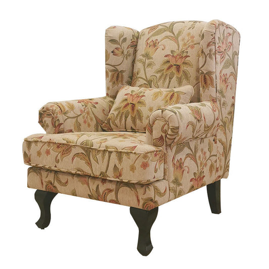 Floral Wingback Accent Chair, Vintage Upholstered Armchair with Solid Wood Legs, High Back Single Sofa Chair, Farmhouse Lounge Chair for Living Room, Bedroom, Reading Corner and Villa Decor