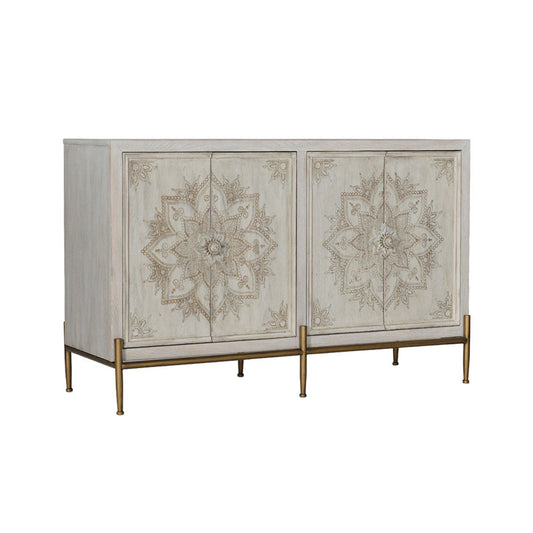 Whitewashed 4-Door Floral Sideboard Buffet with Metal Base