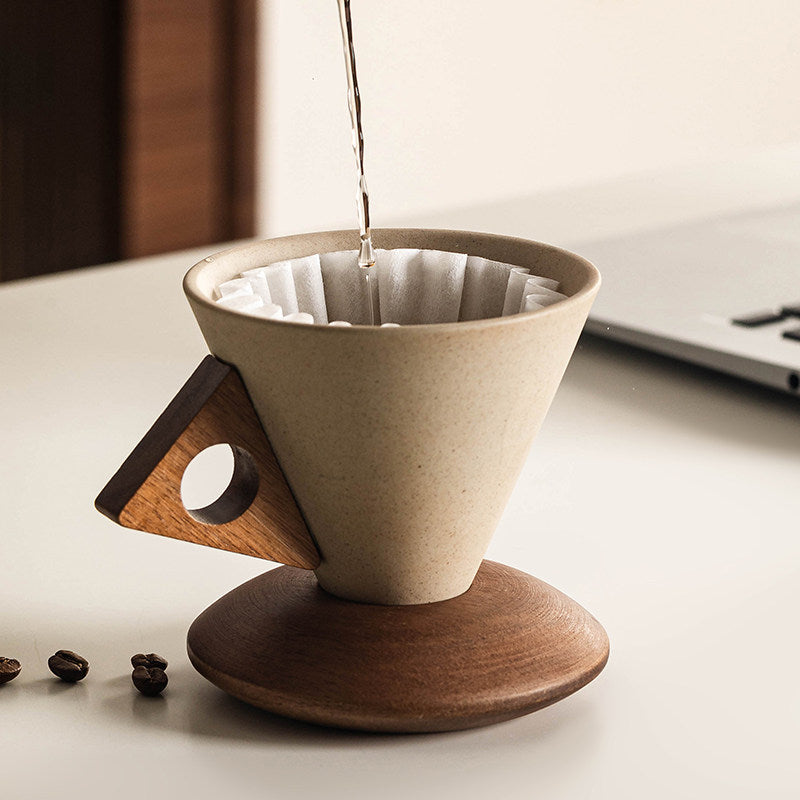 Ceramic Coffee Cup with Acacia Wood Handle and Saucer, 8.5 oz Beige Mug