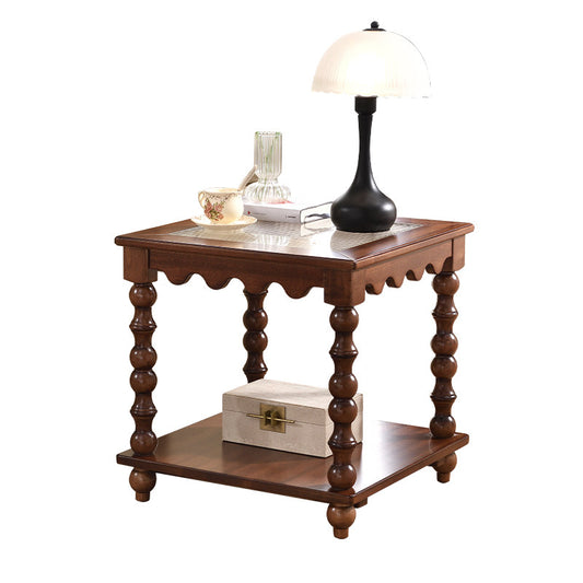 Walnut Tone Solid Pine Wood Side Table with Glass Top, Square 2-Tier End Table with Turned Legs and Lower Shelf, Vintage Style Accent Table for Living Room, Bedroom, Balcony, Tea Corner