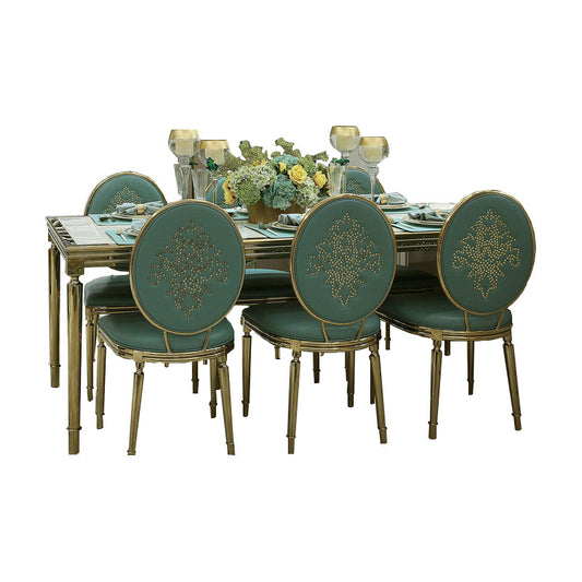 Sage Green Upholstered Oval Back Dining Chair, Antique Gold Stainless Steel Frame with Decorative Stud Pattern, Luxury Side Chair for Dining Room, Kitchen, Hotel and Banquet