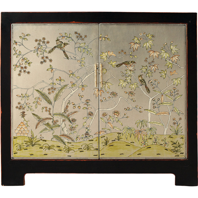 Black 2-Door Sideboard with Bird and Floral Painted Panels