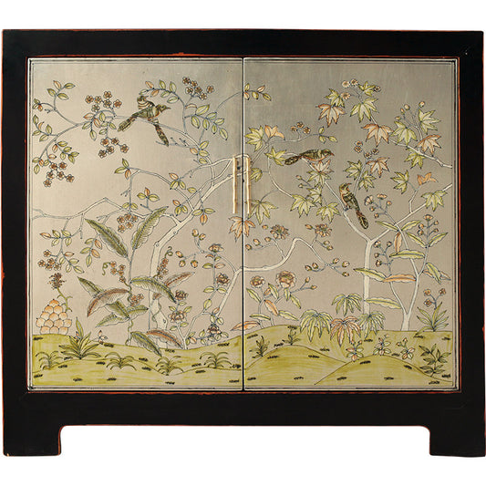 Black 2-Door Sideboard with Bird and Floral Painted Panels