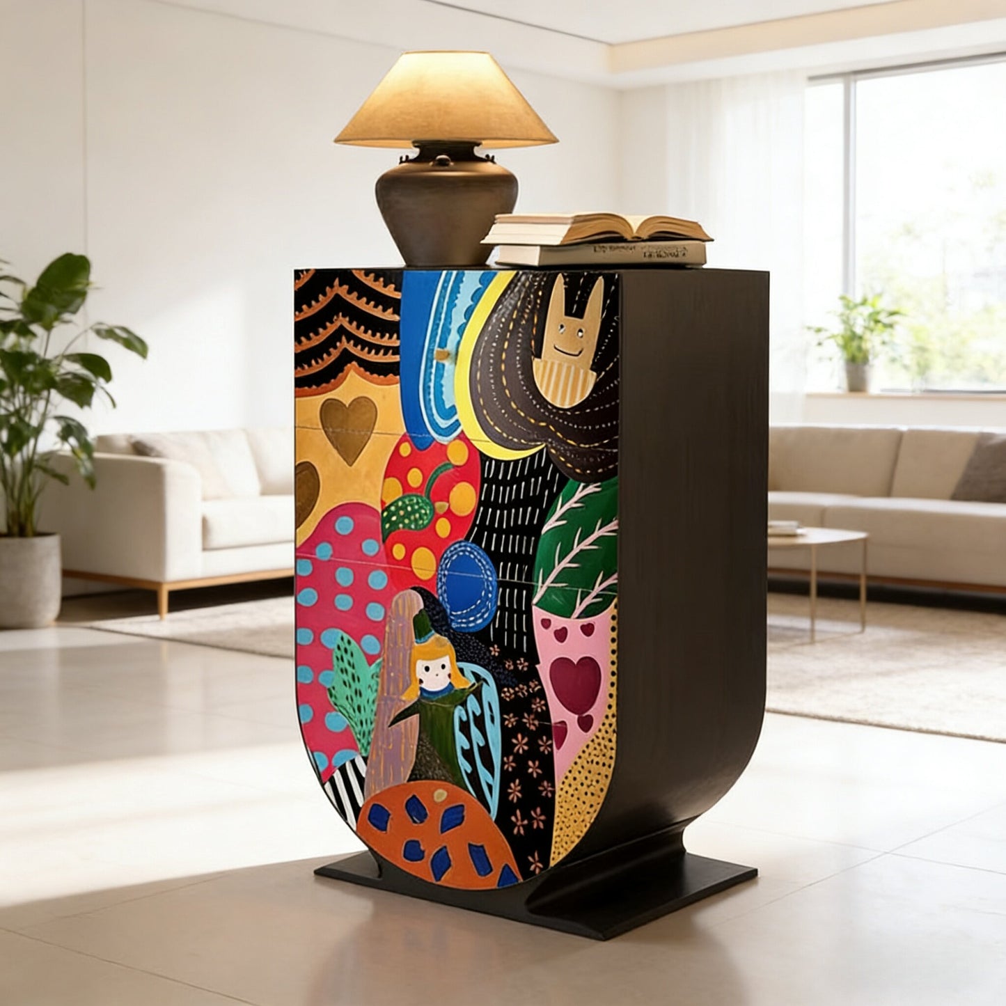 Colorful Painted 4 Drawer Accent Cabinet, Artistic Pine Wood Storage Chest, Modern Whimsical Entryway Cabinet for Kids Room, Bedroom, Living Room, Hallway, Playroom