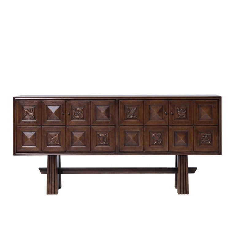 Solid Wood Sideboard Buffet, 8-Door Carved Storage Cabinet, Brown