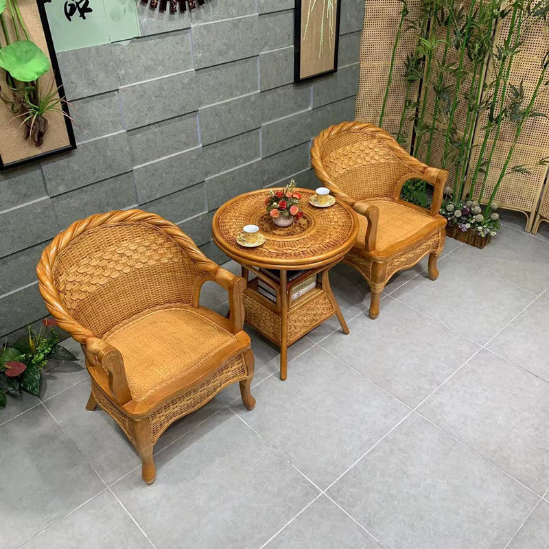 Natural Rattan Armchair with Woven Cane Seat and Curved Back
