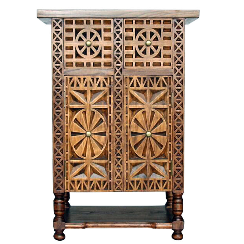 Hand-Carved Solid Wood Entryway Cabinet, Narrow Accent Storage Cabinet with 2 Doors, 2 Drawers, Lower Shelf and Geometric Panel Design for Foyer, Hallway or Living Room