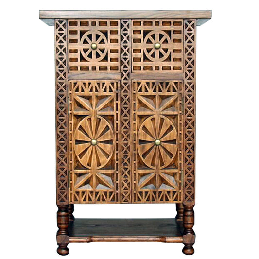 Hand-Carved Solid Wood Entryway Cabinet, Narrow Accent Storage Cabinet with 2 Doors, 2 Drawers, Lower Shelf and Geometric Panel Design for Foyer, Hallway or Living Room