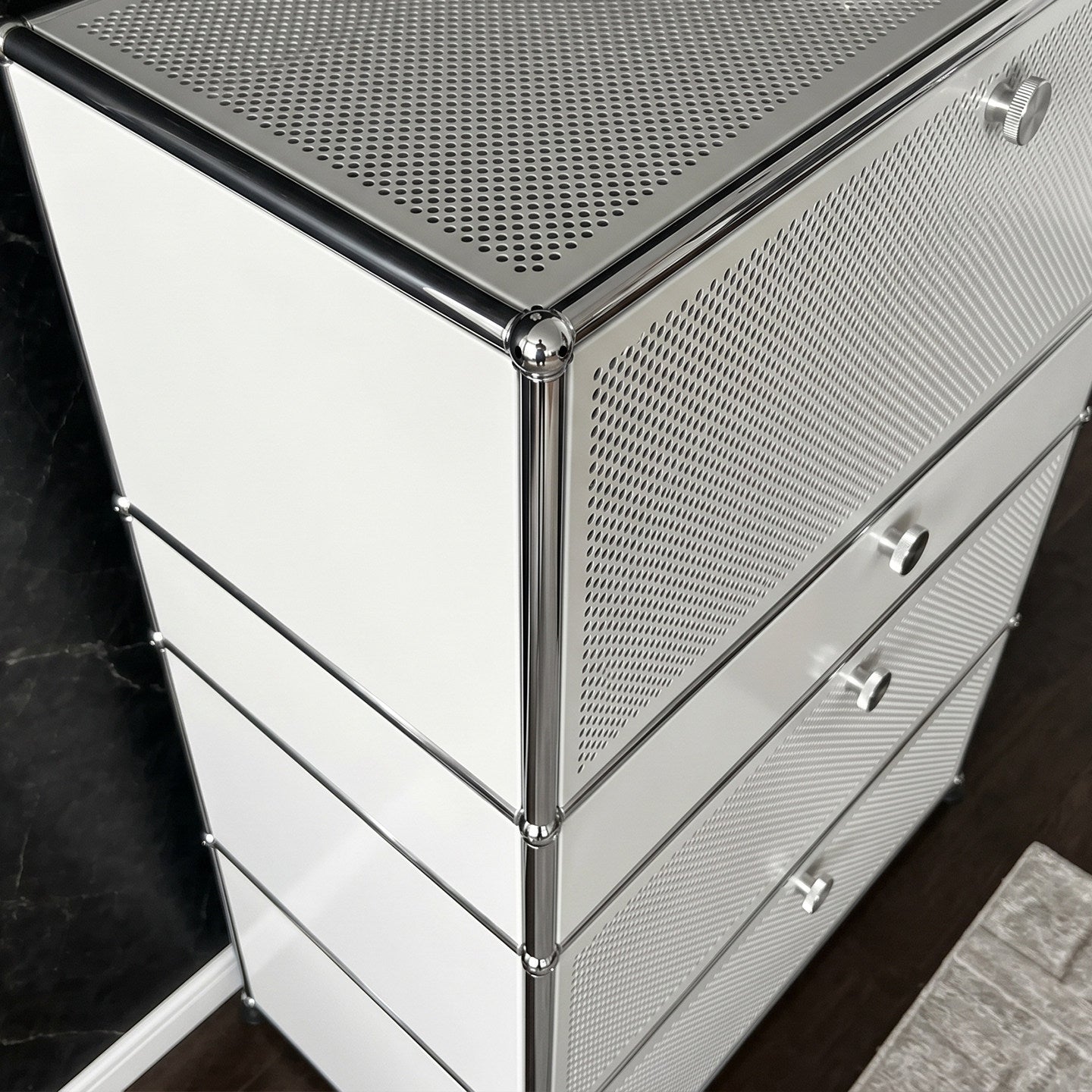 Silver Modular Style Metal Storage Cabinet, 4 Door Stainless Steel Look Chest, Perforated Front Accent Cabinet for Living Room, Bedroom, Office, Entryway, Modern Industrial Decor