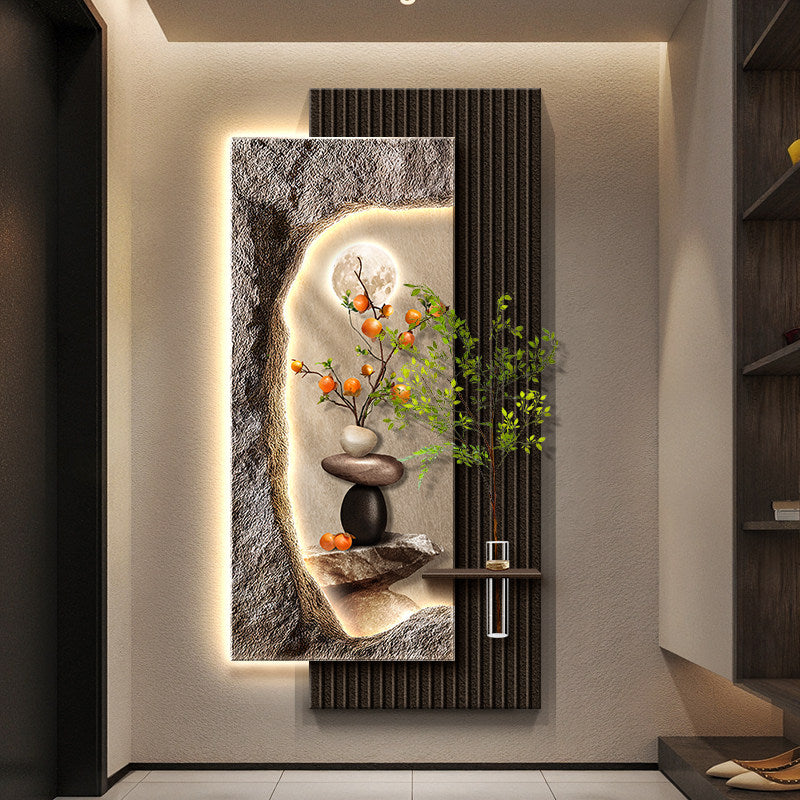 Modern Lighted Persimmon Wall Art 20 x 39 Inch, 3D Textured Botanical Wall Decor
