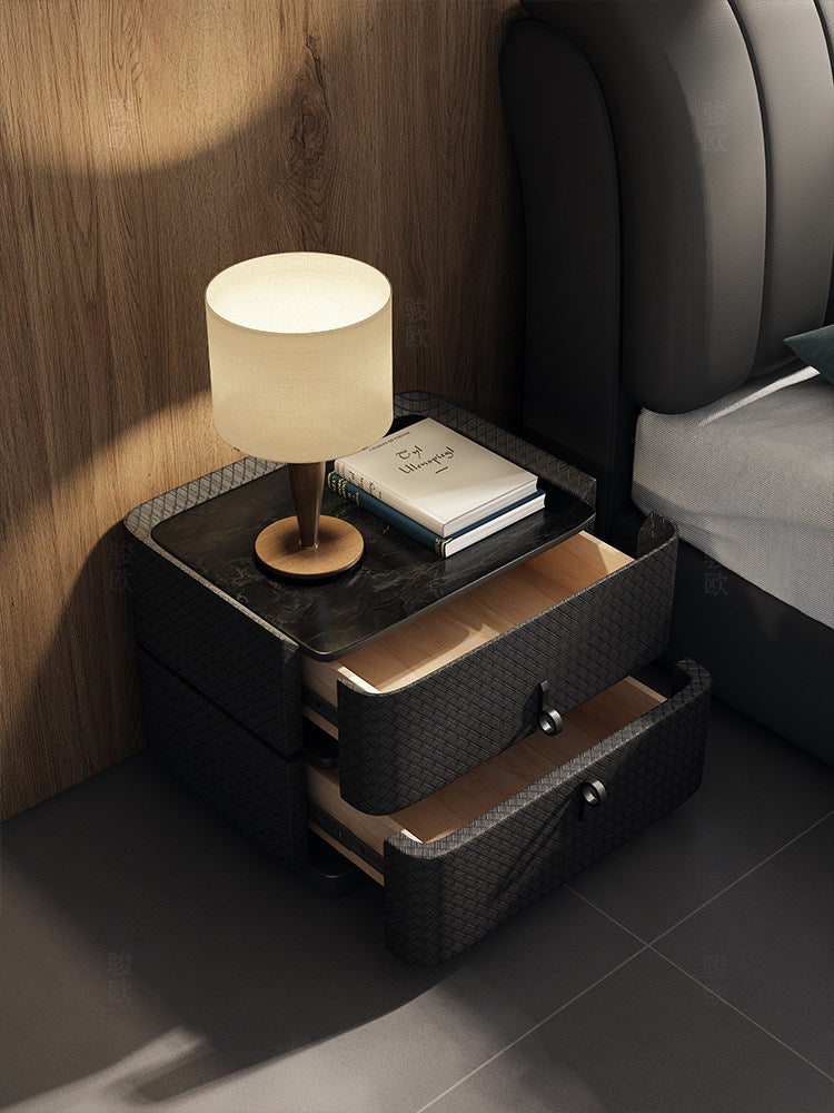 Black Woven Leather Look Nightstand with 2 Drawers, Modern Solid Wood Bedside Table, Compact Bedroom End Table with Textured Finish for Living Room, Guest Room, Apartment