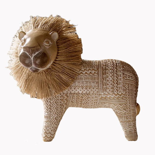 Beige Resin Lion Figurine, Standing Animal Statue with Sculpted Mane and Geometric Relief, Vintage Nordic Tabletop Décor for Entryway, Living Room, Office and Bookshelf