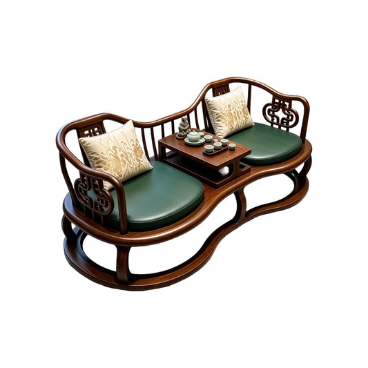 Solid Black Walnut Wood Chinese Daybed Bench with Built-In Tea Table, Upholstered Double Lounge Chair, Traditional Carved Chaise Sofa, Oriental Conversation Bench for Living Room, Tea Room, Bedroom &amp; Reading Nook