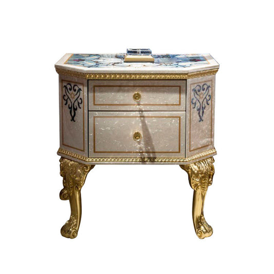 Ivory and Gold Solid Wood Nightstand, Decorative Shell Inlay 2-Drawer Bedside Cabinet with Ornate Carved Legs and Pearlized Top for Bedroom, Guest Room or Luxury Interior