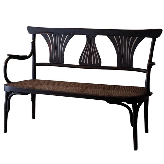 Dark Wood Cane Loveseat Bench with Fan Back and Arms