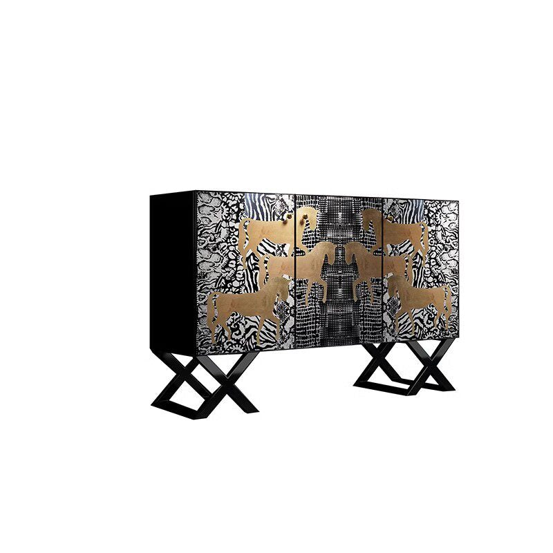 Hand Painted Accent Sideboard Cabinet, 3-Door Buffet Storage Cabinet with Gold Horse Motif and Animal Print Design for Entryway, Living Room, Dining Room