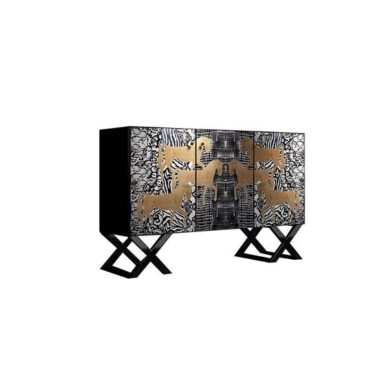 Hand Painted Accent Sideboard Cabinet, 3-Door Buffet Storage Cabinet with Gold Horse Motif and Animal Print Design for Entryway, Living Room, Dining Room