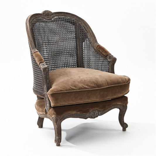French Country Cane Back Accent Chair, Vintage Solid Wood Armchair with Brown Cushioned Seat, Carved Rattan Lounge Chair for Living Room Bedroom Balcony Reading Corner