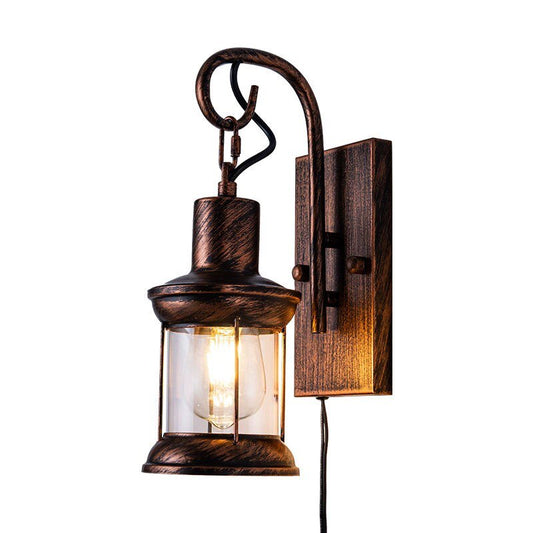 Vintage Industrial Lantern Wall Sconce, Plug In Rustic Wall Lamp with Metal Cage Shade and LED Bulb, Farmhouse Corridor Wall Light for Hallway, Bar, Cafe, Bedroom, Entryway