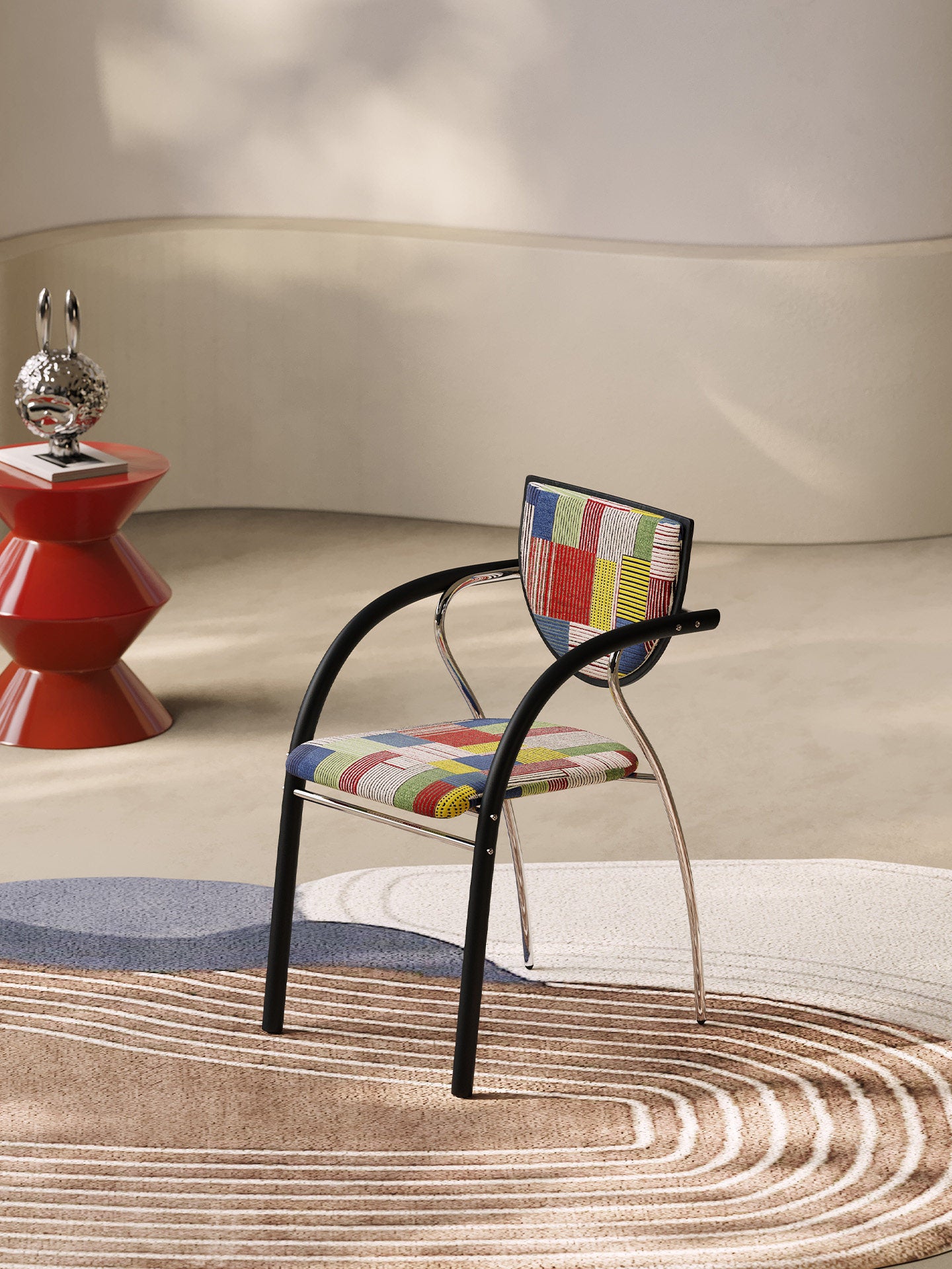 Multicolor Striped Upholstered Dining Chair with Arms, Modern Fabric Accent Chair with Curved Metal Frame, Padded Side Chair for Dining Room, Kitchen, Bedroom, Vanity, Cafe Seating