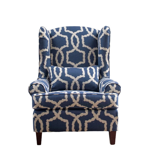 Blue Geometric Wingback Accent Chair with Lumbar Pillow and Wood Legs