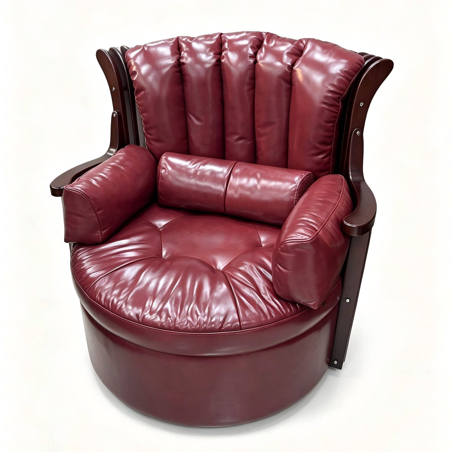 Oversized Burgundy Leather Swivel Accent Chair, High Back Barrel Lounge Armchair with Lumbar Pillow, Tufted Reading Chair for Living Room, Bedroom, Study and Office