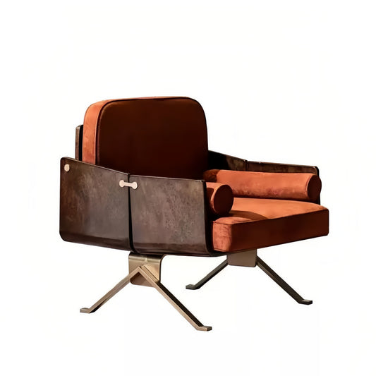 Burnt Orange Velvet Accent Chair with Metal Shell Frame, Modern Upholstered Lounge Armchair with Bolster Pillow, Swivel Style Statement Chair for Living Room, Bedroom, Office, Hotel Lounge and Reading Corner